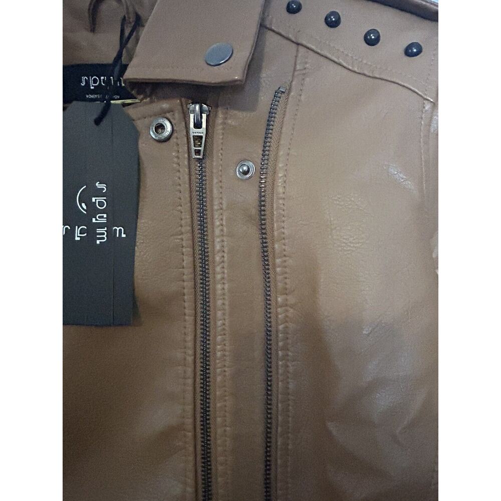 S P Y M Women's Jacket Faux Motorcycle Biker Coat Brown Large - Picture 5 of 14